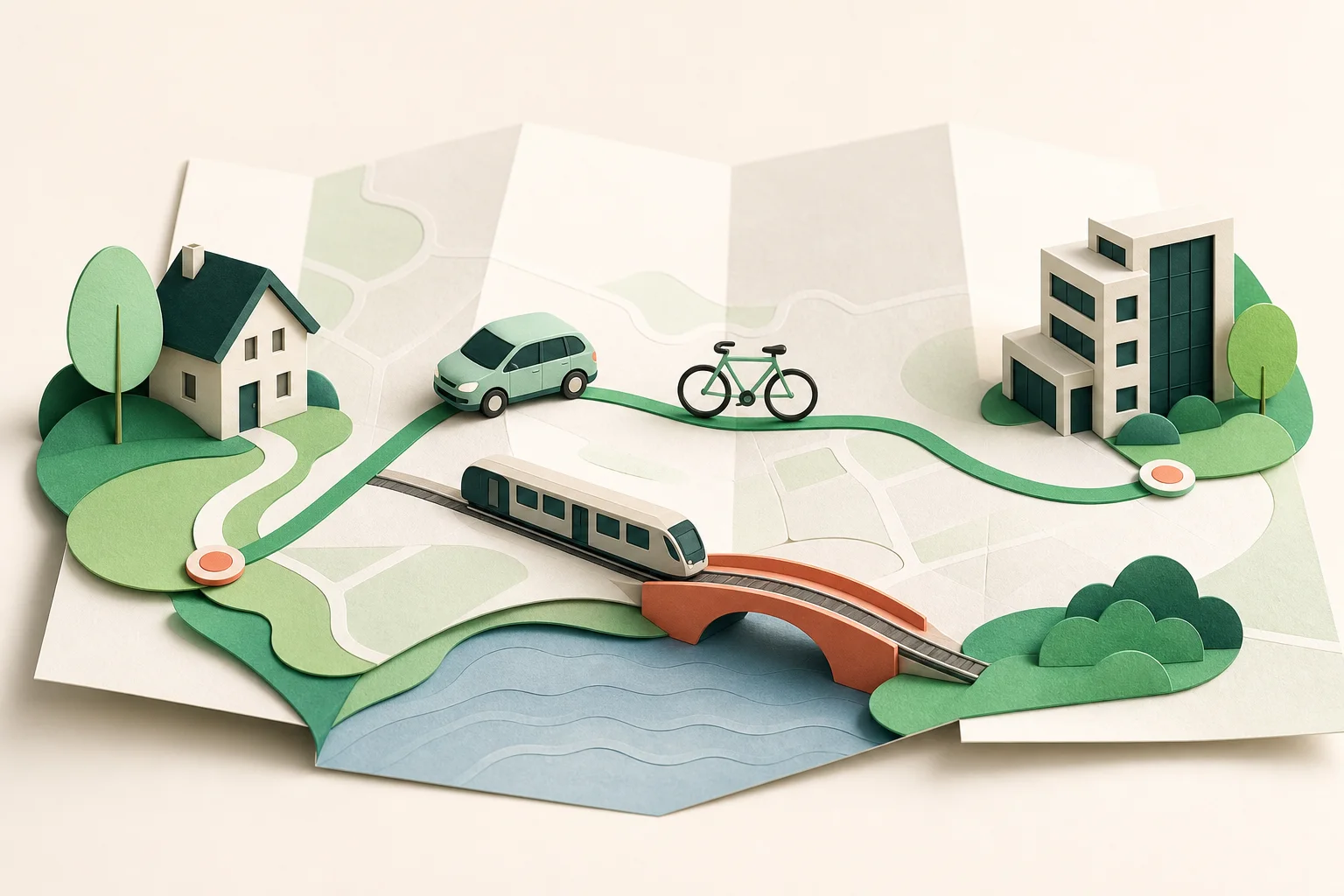 Illustration af ruten mellem hjem og arbejde med bil, cykel, tog og bro